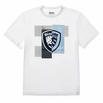 t-shirt blauer logo centrale bianca 